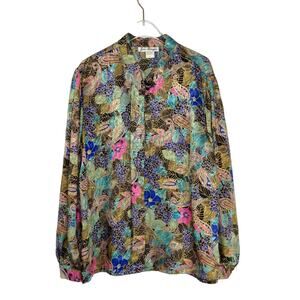 1980s Vintage Colorful Satin Floral Art Deco Button Down Blouse XL